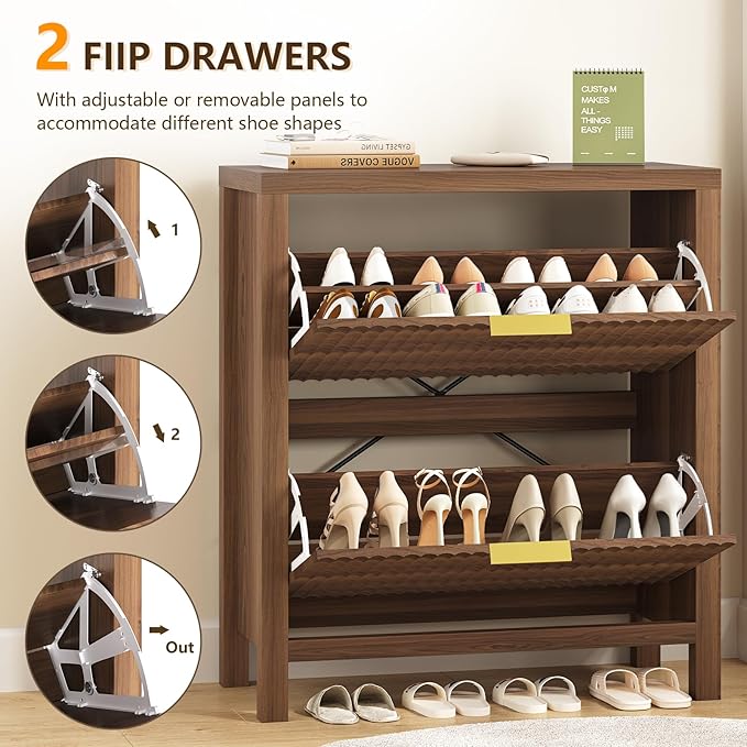 Shoe Cabinet Storage for Entryway, Fluted Shoe Cabinet with 2 Flip Drawers, Hidden Shoe Rack Tall Freestanding Shoe Organizer with Legs for Hallway, Walnut-NeatNest