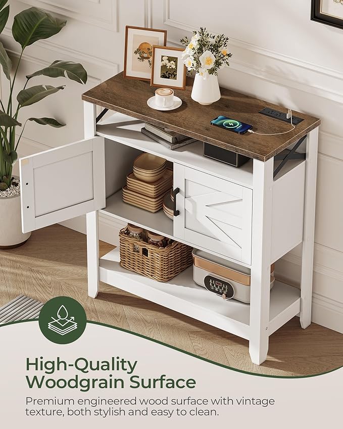 Console Table, Farmhouse Sofa Table with Power Outlet, Entryway Table with Cabinet and Open Shelves, Coffee Bar Cabinet with Storage for Entrance, Hallway, Kitchen, White and Walnut MXG01UWL-NeatNest