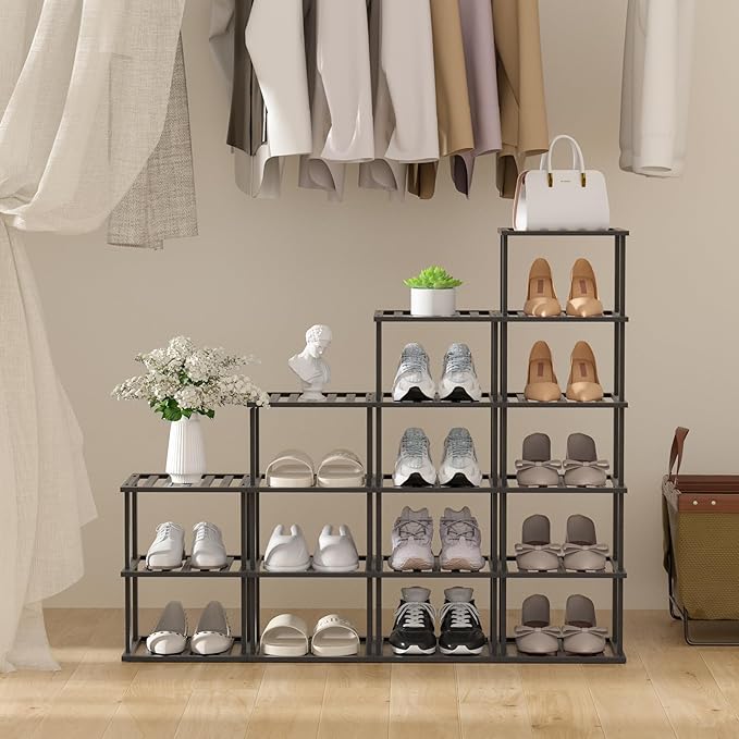 6-Tier Free Standing Shoe Racks, Bamboo Wood Shoe Rack for Entryway & Closet, Beautiful | Natural | Functional | Sturdy Shoe Rack Small Shoe Shelf for Small Spaces and Narrow Spaces Black-NeatNest
