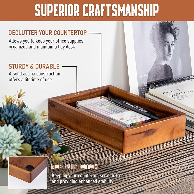 Demigo Acacia Wood Desk Organizer Tray - 9.5x6.7x2 Inch Letter & Stationery Holder for Office, Entryway, Desktop - Natural Wood Catchall for Pens, Mail, Keys-NeatNest