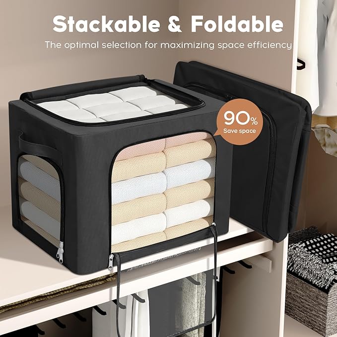 3-Pack Clothes Organizer Bins with Metal Frame, Foldable 40L Linen Storage Boxes with Lids, Clear Windows, Zippers & Durable Handles (Black)-NeatNest