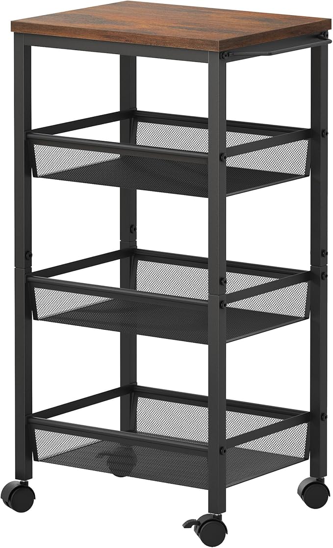 Hoctieon Rolling Storage Cart, 4-Tier Wide Panel Kitchen Storage Cart, Utility Carts with Handle & Wheels, Mobile Shelving Unit, Metal Frame Narrow Carts for Home Kitchen, Laundry, Rustic Brown