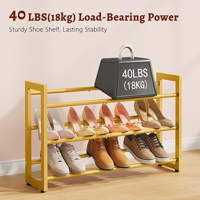 FAVOOSTY 3-Tier Expandable Shoe Rack, Adjustable Shoe Shelf Storage Organizer Space Saving Metal Free Standing Shoe Rack for Entryway Closet Doorway, Gold-NeatNest