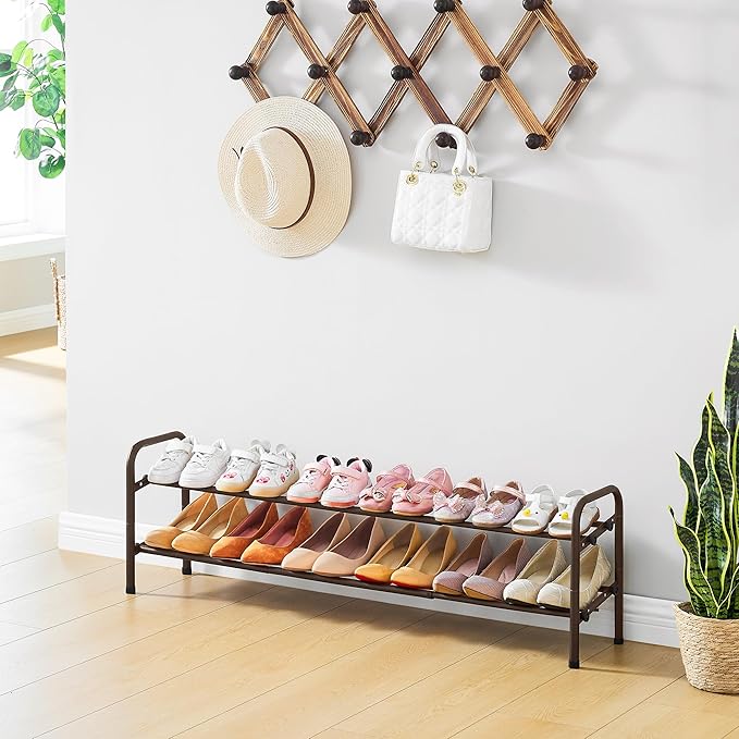 2 Tier Shoe Organizer, Shoe Rack for Closet, 28“ Metal Shelf Can Expandable to 42“, for Bedroom, Entryway, Closet, Garage, Adjustable to 12 Pairs Shoes, Rustic Brown-NeatNest