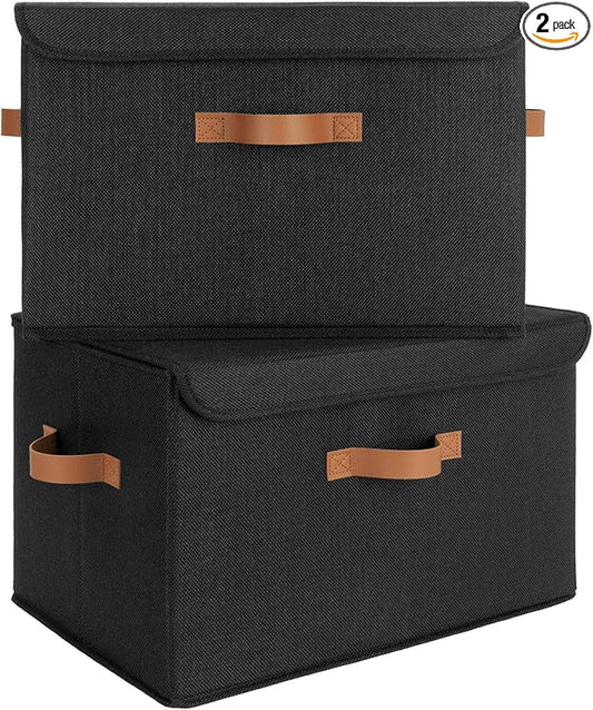 GRANNY SAYS Black Storage Bins with Lids, Decorative Storage Boxes with PU Handles, Linen Closet Organizer, Storage Baskets for Shelves, Fabric Storage Bins for Clothes, Extra Large-NeatNest