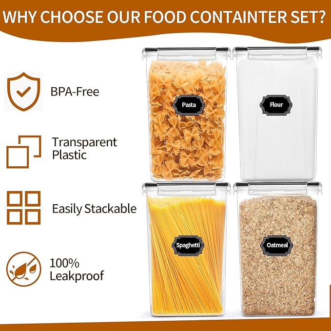 4 Pack Extra Large Airtight Food Storage Containers with Lids (6.5L / 220 oz), BPA Free Plastic Kitchen and Pantry Organization Contianers for Cereal Flour and Sugar Storage, Labels & Marker-NeatNest