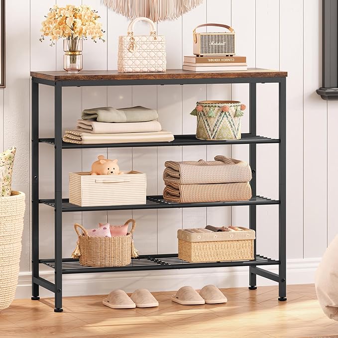 usikey 4-Tier Shoe Rack, Industrial Shoe Storage Organizer for 9-12 Pairs of Shoes, Metal Shoe Shelf with Wooden Top, Shoe Stand with 3 Metal Shelves for Entryway, Hallway, Closet, Rustic Brown-NeatNest