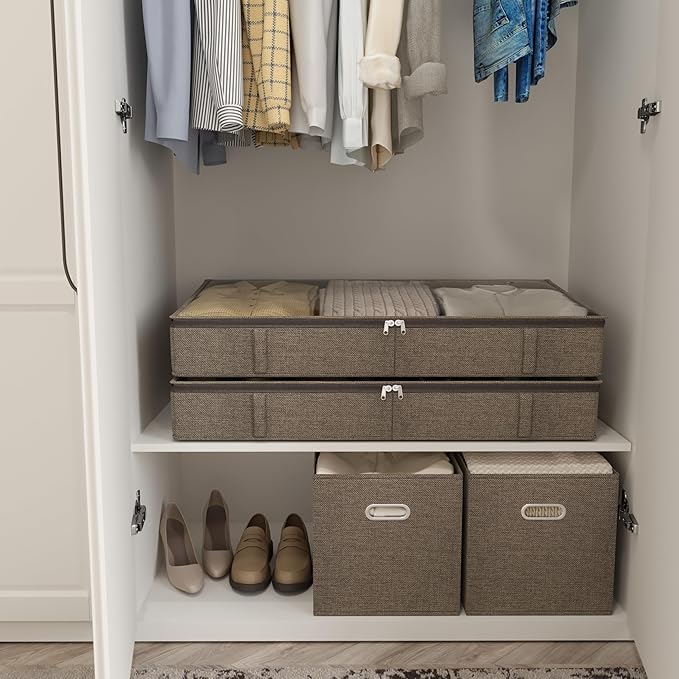 Brown Low Profile Under Bed Storage Containers 5 inches high, 33.8"x 17.7"x 5.1", Sturdy Underbed Shoe Storage Organizer, Foldable Fabric Under the Bed Storage Bins - Pack of 2-NeatNest