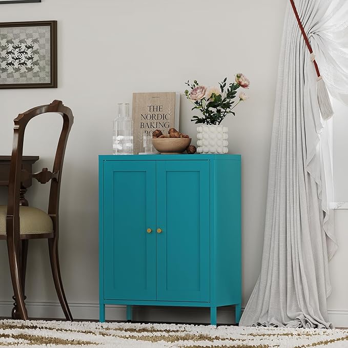 Coffee Bar Cabinet, Metal Sideboard Buffet Cabinet,Metal Storage Cabinet with 2 Doors and Adjustable Shelves for Kitchen Dining Room Living Room, Entryway, Bathroom,Office (Blue, 31.5" H)-NeatNest