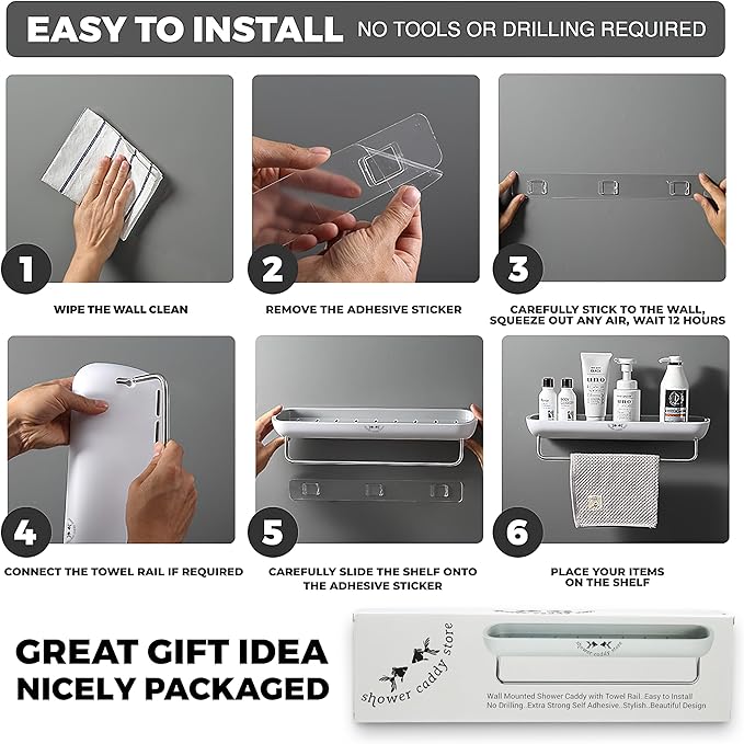 Shower Caddy - Wall Mounted - with Towel Bar - Extra Strong Self Adhesive - No Drilling - Easy Drainage - Stylish and Space Saving - Rustproof (White/Gray)