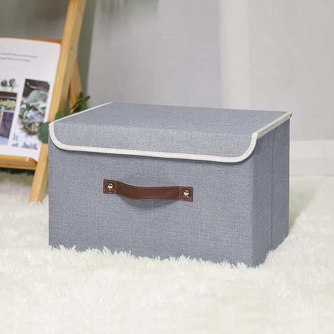 ANMINY 4PCS Storage Bins with Lid PU Leather Handles Storage Boxes PP Plastic Board Decorative Foldable Lidded Cotton Linen Fabric Home Cubes Baskets Closet Organizer Containers - Gray, Large Size-NeatNest