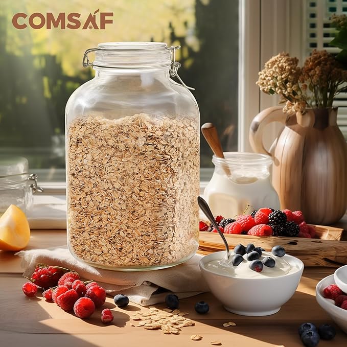 ComSaf Rice Container 152oz, Flour Sugar Storage Containers, Glass Jars with Airtight Lid, 1.17 Gallon Mason Jar, Large Storage Containers with Lids for Pickled Egg, Pasta, Cereal, Beans, Set of 2-NeatNest