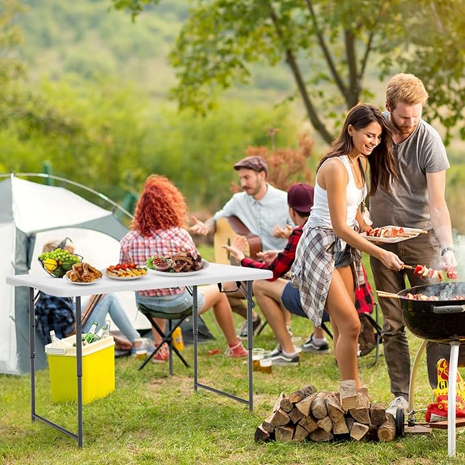 GYMAX Folding Table, 4FT Portable Plastic Picnic Table with 3 Adjustable Height & Handle, Fold-in-Half 330LBS Heavy Duty Foldable Table for Indoor Outdoor Party, Wedding, Camping, Dining-NeatNest