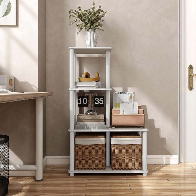 HOMES: Inside + Out Apexa Modern 4-Cube Ladder Shelving Units, Collectibles Display Shelves, Easy Assembly Standing Shelf, Home Storage Organizer for Living Room, Bedroom, Office, Taupe Grey
