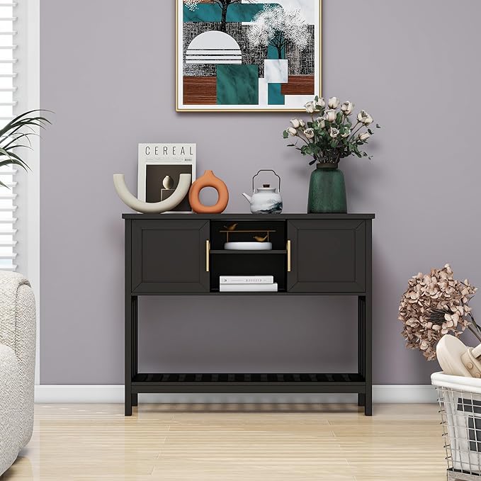 Entryway Console Table with 2 Doors & Storage & Shelf, Sofa Table Entrance Entry Way Table, Hallway Foyer Behind Couch Table (Black with 2 Doors)-NeatNest