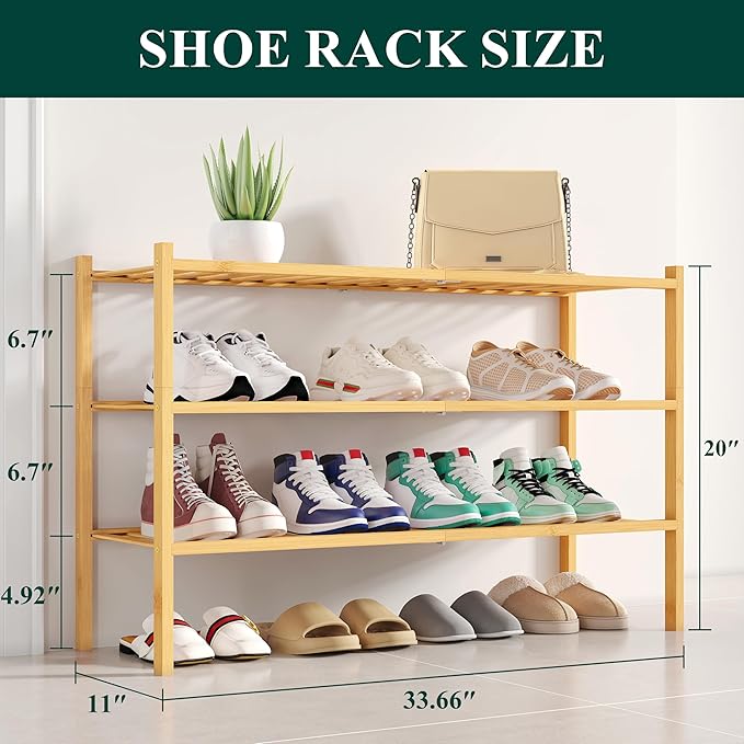 Smiry Shoe Rack, 3 Tier Long Bamboo Shoe Organizer, Stackable Free Standing Wooden Shoe Storage Shelf for Closet, Entryway, Front Door Entrance, Natural-NeatNest
