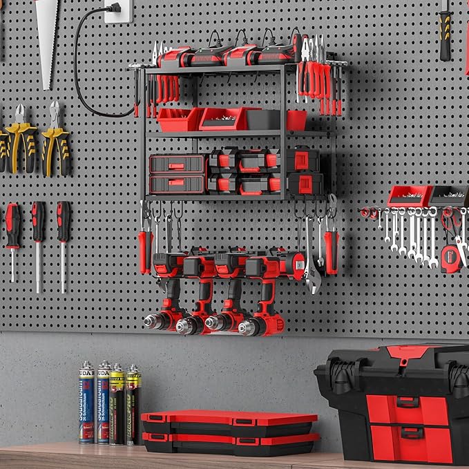 JUNNUJ Tool Organizer with Charging Station, 4 Layers Wall Mount Garage Tools Storage with 8 Outlets Power Strip, 4 Drills Holder Battery Heavy Duty Metal Shelf, Utility Rack with Hooks, Black