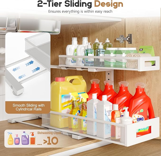 2 Pack 19IN Depth Under Sink Storage Organizer, Large 2-Tier Elegant Mesh Pull Out Shelf for Kitchen and Bathroom Cabinet Organization, L-Shaped and Adjustable Height Design-White-NeatNest