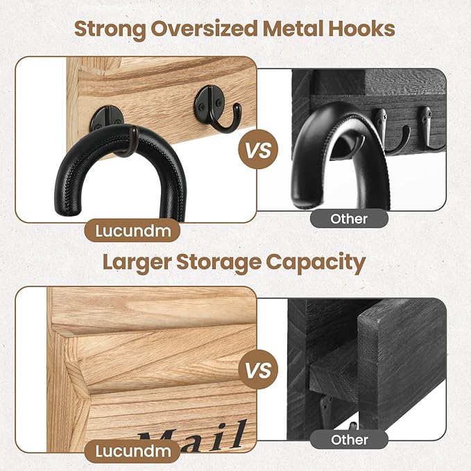 Mail and Key Holder - Decorative 9.8" x 12.5" Wall Key Hanger with 2 Mail Organizer Slots and 3 Hooks - Real Paulownia Wood with Keyhole Brackets, Hardware and Instructions (Wood)