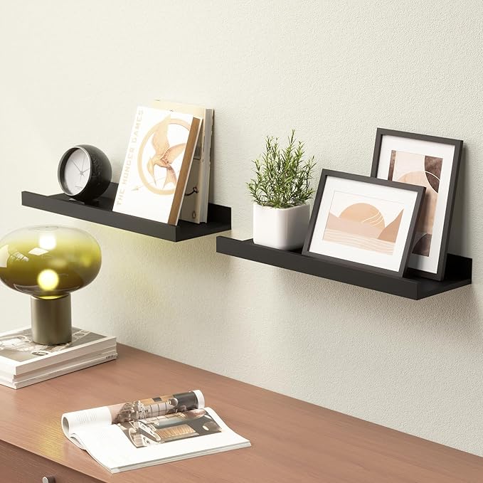 Floating Shelves Wall Mounted Set of 2, Modern Black Wall Shelves for Storage with Lip, Display Picture Ledge Shelf for Wall Decor Bedroom Living Room Bathroom Kitchen-NeatNest