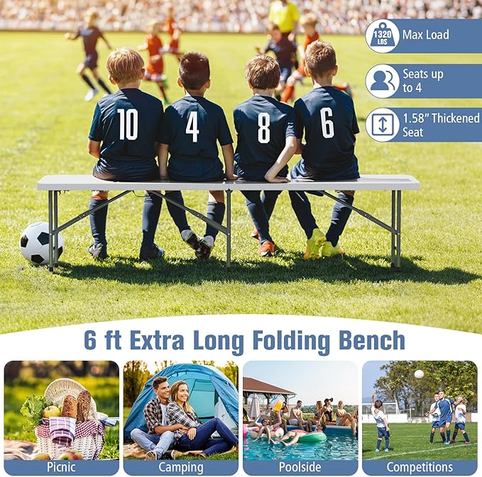 Goplus 6 Feet Plastic Folding Bench, Portable Foldable Bench Seat with 1320 LBS Capacity, HDPE Thickened Long Seat with Handle & Lock, for Outside Indoor Picnic Party Camping Dining Soccer Events-NeatNest