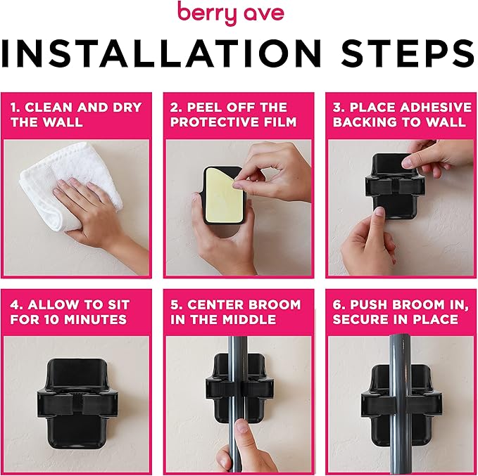 Combo 5 Slot Broom Holder w/ 1 Self Adhesive Mop Gripper No-Drilling, Wall Mount Tool Organizers For Kitchen, Garage, Laundry Room- Anti-Slip Hanger For Brooms, Mops, Rakes, Dustpans (Black / Black)-NeatNest