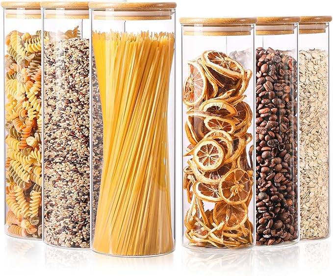 ComSaf Glass Food Storage Jars Set of 6, Tall Glass Storage Containers with Lids, Spaghetti Jar, Canisters Set for the kitchen, Pasta, Flour, Nuts, Oat, Coffee and Sugar Container, Pantry Organization-NeatNest
