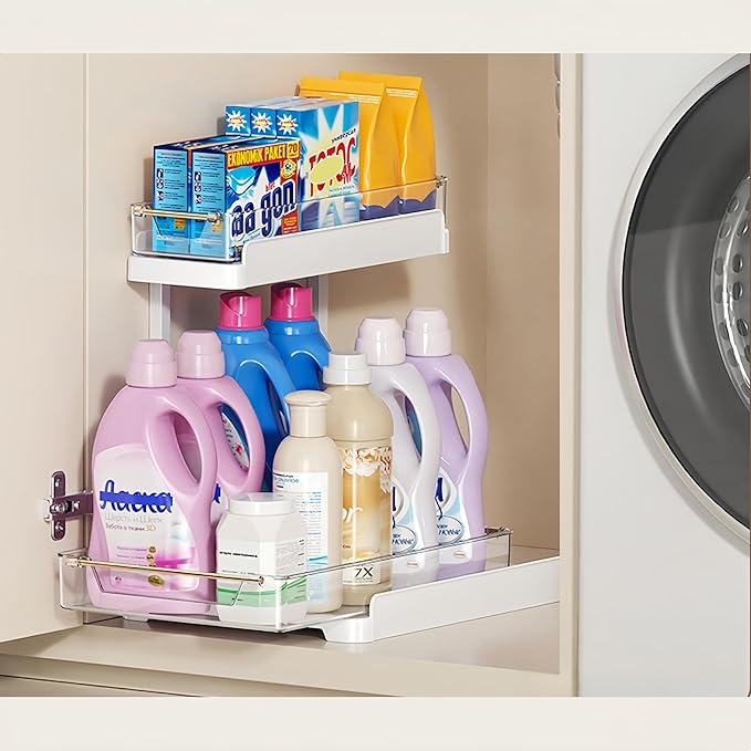 heart & home 1-Pack Under Sink Storage Organizer for Kitchen & Bathroom Cabinets with Removable Washable Tray, Tool-Free Assembly – Multi-Purpose for Kitchen Countertop, Vanity, & Laundry Room，White-NeatNest