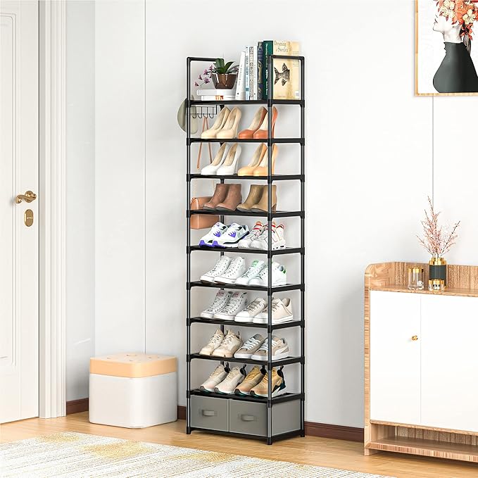 Tall Shoe Rack Narrow 10 Tier Shoes Rack 20 25 Pairs, Shoe Storage Organizer for Closet, Sturdy Metal Shoe Shelf Shoe Stand with 2 Boxes 1 Hook-NeatNest