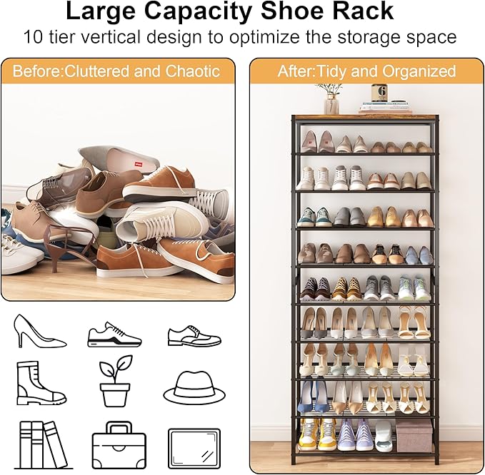 HOMEFORT 10 Tiers Shoe Rack Organizer,30" Shoe Storage Shelf for Closet, Shoe Rack for Entryway,Holds 36-40 Pairs of Shoe, Tall Shoe Stand with Metal Shelves and MDF Top Board,Rustic Brown-NeatNest