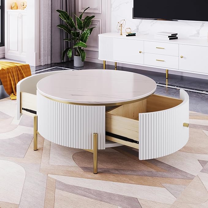 31.5" Modern Round Coffee Table with 2 Large Drawers Storage Accent Table Multiple End Tables Center Table Sofa Table Utility Table for Living Room Office Bedroom Balcony, White & Gold