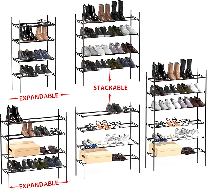 Simple Houseware 4-Tier Expandable and Stackable Shoe Racks with Shelves for 16 Pairs of Shoes, Black-NeatNest