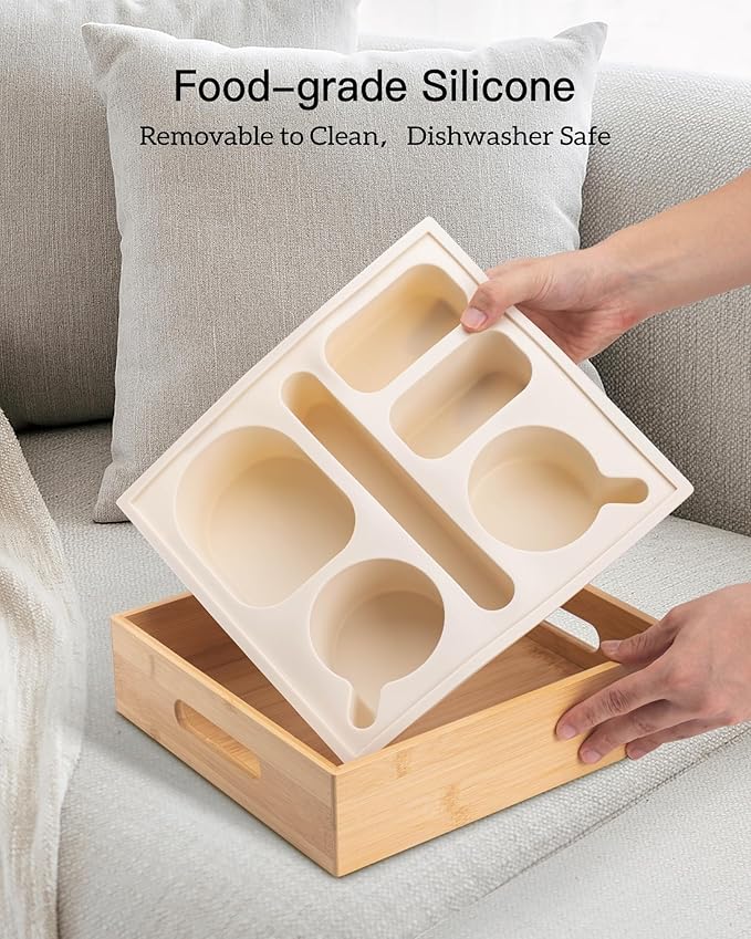 Couch Cup Holder with Lid, Silicone Bed Caddy with Cup Holder, Bed Organizer for Drinks, Snacks, Remotes, Bamboo Couch Caddy for Sofa, Bed and Car(Beige)-NeatNest