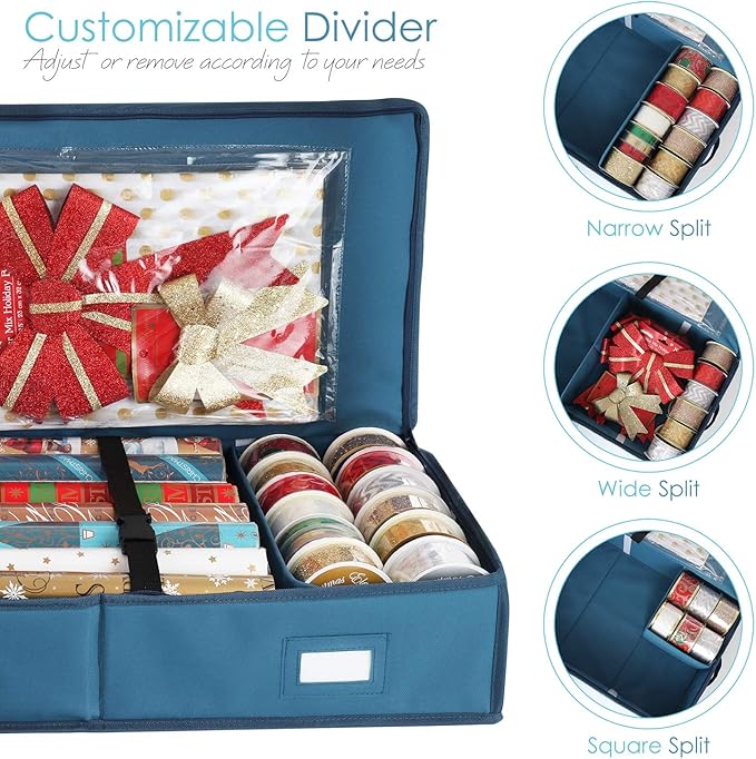 Hearth & Harbor Wrapping Paper Storage Container and Clear Wrap Paper Holder - Christmas Storage Bag with Interior Pockets - Fits Up to 36 Rolls of 40" - Tear Proof, Blue-NeatNest