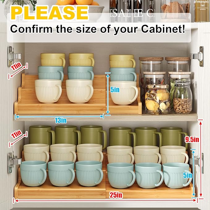 3-Tier Expandable Bamboo Mug Holder For Countertop Coffee Cup Holder Display Mug Organizer Mug Rack for Coffee Bar Organizer Mug Shelf for Cabinet for Kitchen, Home-NeatNest