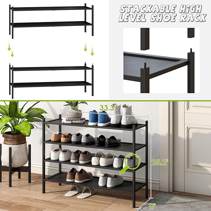 BMOSU 4-Tier Bamboo Extended Shoe Rack Premium Stackable Shoe Shelf Storage Organizer for Hallway Closet Living Room Entryway Organizer(Black)-NeatNest