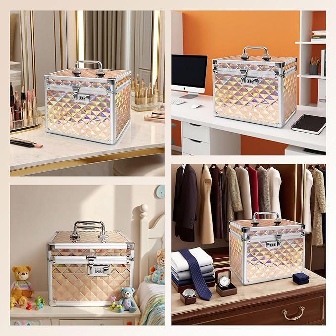 Medication Combination Lock Boxes with Code for Personal Items, Medicine Lockbox for Documents 10 x 7.25 x 7.75 Inches Plaid Gold
