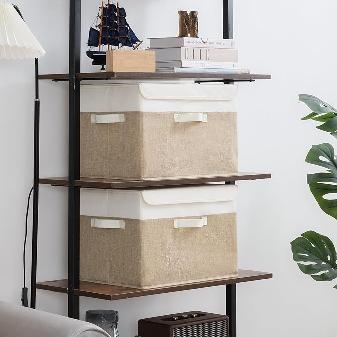 GRANNY SAYS Storage Boxes with Lids, Decorative Storage Bins, Shelf Baskets, Clothes Storage and Organization, White/Khaki, 2-Pack-NeatNest