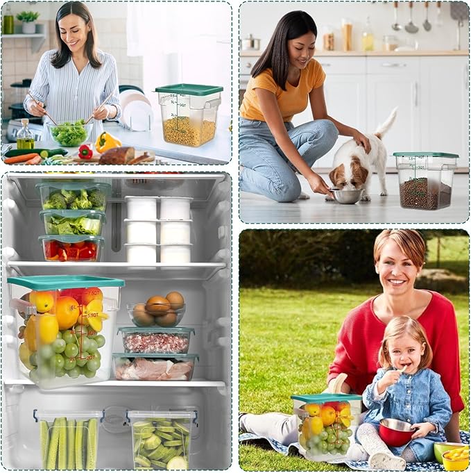 4 Pack 4QT Food Storage Containers with Green Lids, Clear Square Commercial Food Grade Storage Containers with Handles and Scales, BPA-Free Airtight Restaurant Container for Sourdough, Marinating Meat