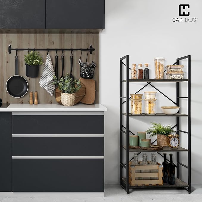 CAPHAUS 4 Tier Bookshelf, 24 Inch Width Free Standing Shelf, Bookcase Shelf Storage Organizer, Industrial Book Shelves for Home Office, Living Room, Kitchen, Dark Grey Vintage Shelves & Metal Frame-NeatNest