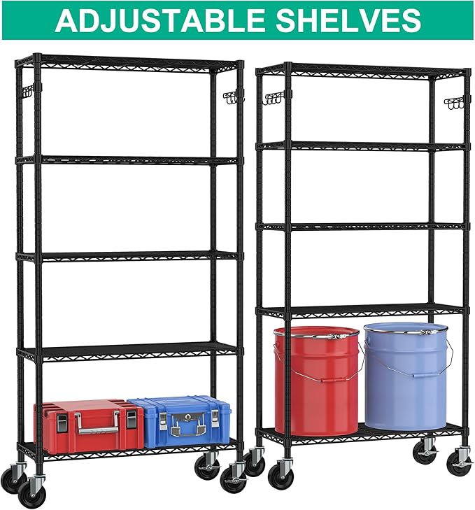Heavy Duty Storage Shelves 5-Tier, Wire Shelving Unit with Wheels & Adjustable Feet Metal Shelf Rack for Garage, Kitchen, Pantry, Laundry Room 400 Lbs Per Shelf - 14x36x75