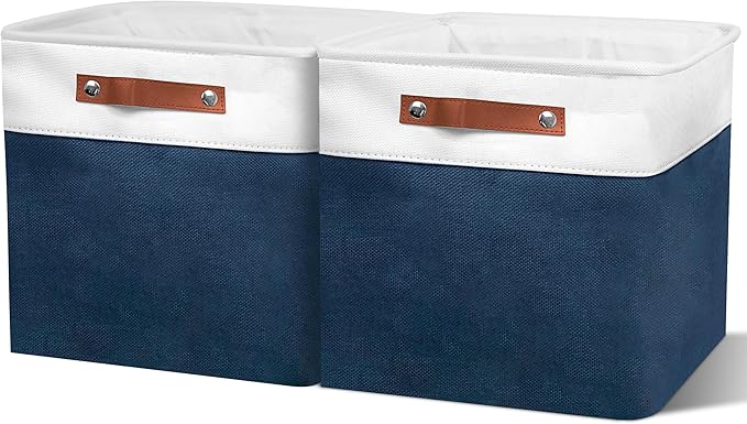13in Open Fabric Storage Basket with Leather Handles for Organizing, Collapsible Linen Closet Bins for Shelves, Closets, Laundry, Decorative Basket for Gifts. (White＆Blue, 2PCS/13x13in)-NeatNest