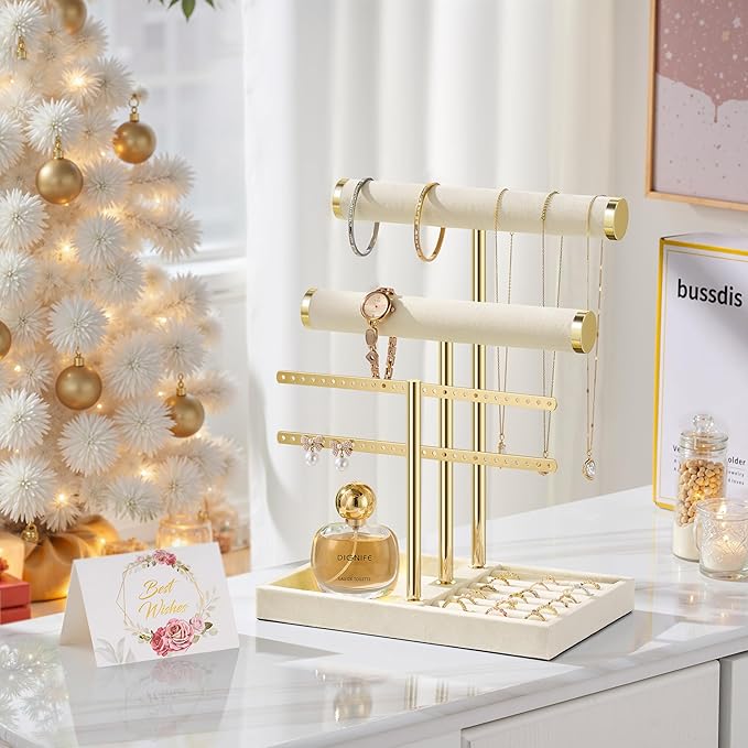3 Tier Bracelet Holder Display - Detachable T Bar Beige Velvet Bracelet Holder, Jewelry Holder Organizer for Bracelet, Necklace, Earrings, Rings