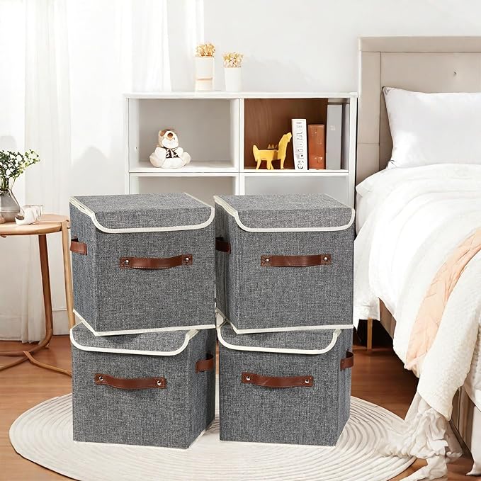 2PCS Storage Cubes with Lid Fabric Storage Bins Boxes PU Leather Handles Cotton Linen Closet Organizer Container Decorative Foldable Washable Shelf Cloth Basket (Flip-top Lid, Gray, 11in)-NeatNest