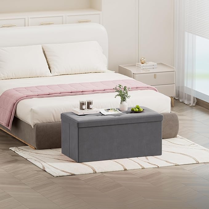 BRIAN & DANY Folding Storage Ottoman Bench, Ottoman with Storage, Foot Rest, Benches Seat for Bedroom, Living Room, Entryway, Long Shoes Bench, 15.7" x 31.5" x 15.7" Gray-NeatNest