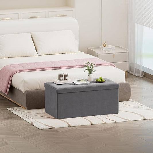 BRIAN & DANY Folding Storage Ottoman Bench, Ottoman with Storage, Foot Rest, Benches Seat for Bedroom, Living Room, Entryway, Long Shoes Bench, 15.7" x 31.5" x 15.7" Gray-NeatNest
