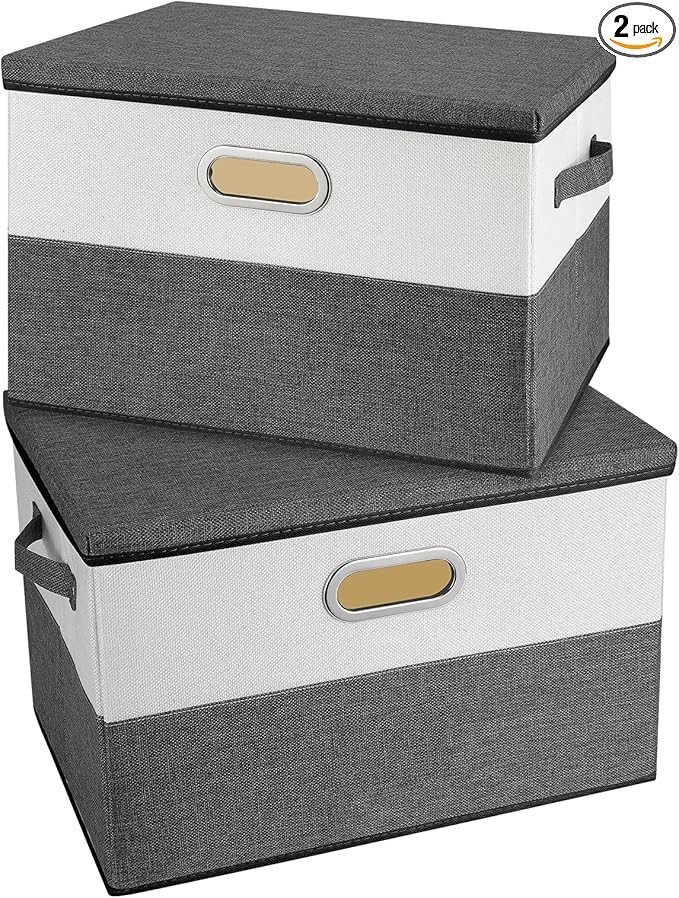 Large Linen Fabric Foldable Storage Bins with Removable Lid and Handles, Washable Storage Box Organizer Containers Baskets Cube with Cover for Bedroom,Closet,Office(Grey&Cream, Large(2-Pack))-NeatNest