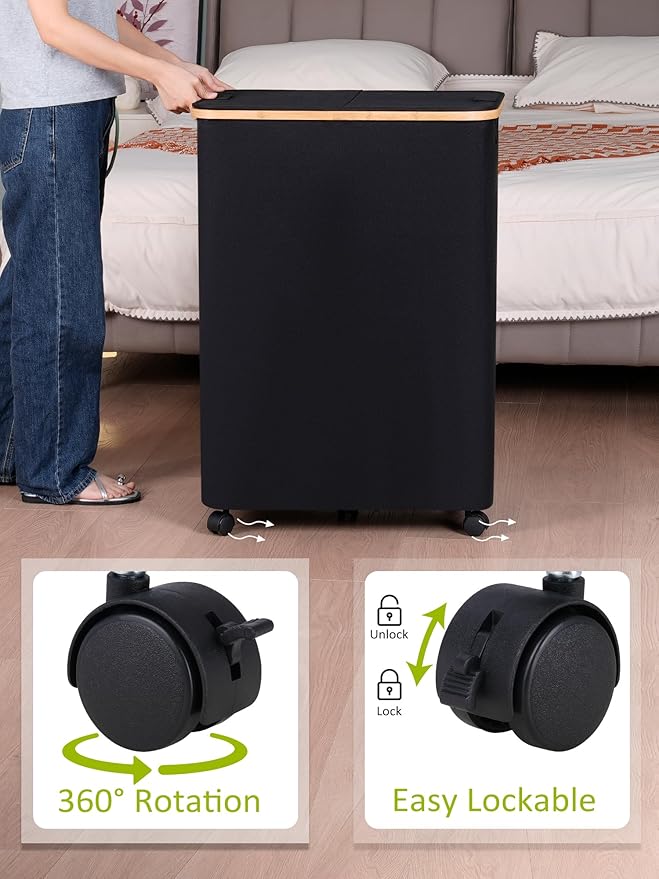 efluky Double Laundry Hamper with Wheels, Divided Laundry Hamper with Removable Bags, 2 Section Dirty Clothes Basket with Handles for Bathroom, Bedroom & Laundry Room, 160L Dark Black-NeatNest