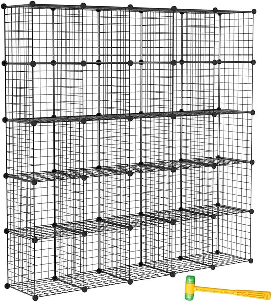 TUMUCUTE Wire Cube Storage Organizer, 25-Cube Modular Mental Grids Bookshelf, DIY Stackable Closet Cabinet for Bedroom Living Room, Office, Iron