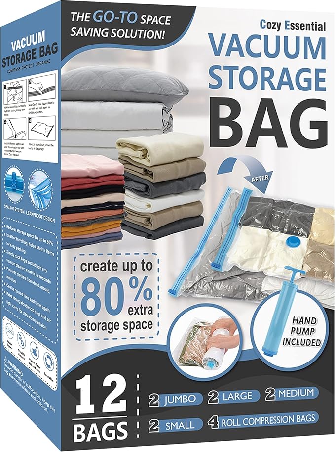 12 Pack Vacuum Storage Bags, Space Saver Vacuum Storage Bags, Vacuum Seal Bags for Clothing, Clothes, Comforters and Blankets, Hand Pump Included-NeatNest